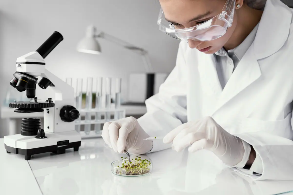 A laboratory technician examining a sample under a microscope