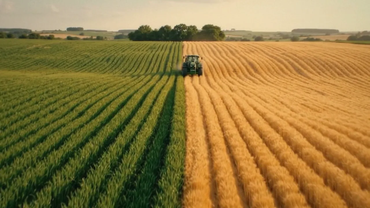 Aerial view of a field, half green crop and half golden wheat at sunrise